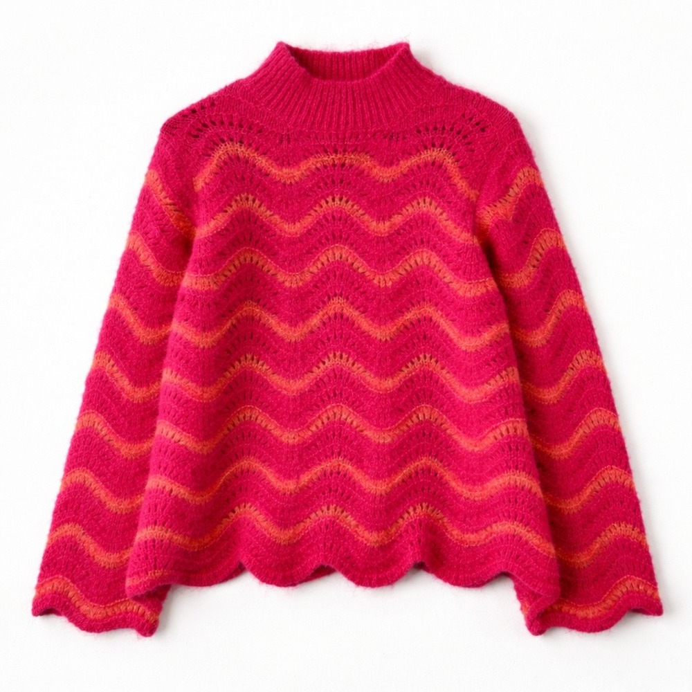 Neon Pink Orange Knit Sweater Fuzzy Mock Neck Rainbow Dopamine Maximalist W L